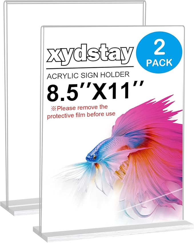 8.5 x 11 Acrylic Sign Holder 2 Pack, Vertical T Shape Clear Plastic Menu Holder, Unbreakable Table Sign Holder for Restaurant, Office, School, Store and Home Use