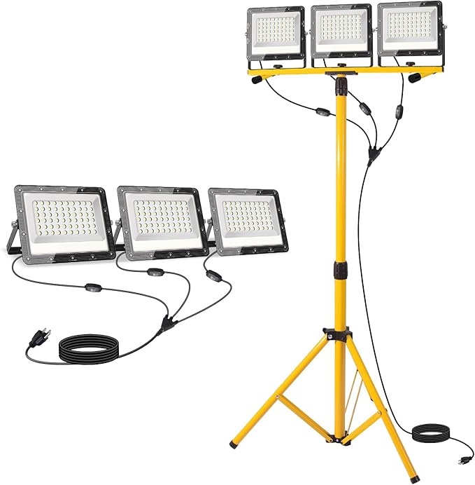 27000 Lumen LED Work Lights on Stand - 3 Head Portable Tripod Work Light- IP65 Waterproof Construction Lights with Stand for Outdoor Indoor Job Site Workshop Garage Commercial Flood Light with Stand