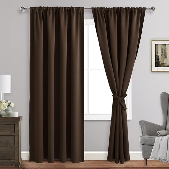 JIUZHEN Blackout Curtains for Bedroom - Thermal Insulated Room Darkening Noise Reducing, 52 x 84 Inch Length Curtains for Living Room, Set of 2 Panels with Tiebacks, Brown