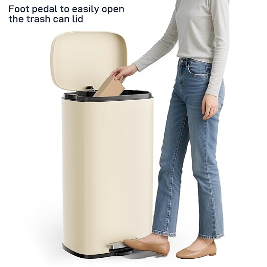 Arlopu 8/13.2 Gallon Step Trash Can, Stainless Steel Garbage Bin, Soft-Close Rubbish Bin with Removable Plastic Inner Bucket, Fingerprint-Proof, Lid Dustbin, Suit for Kitchen (Beige, 30L)