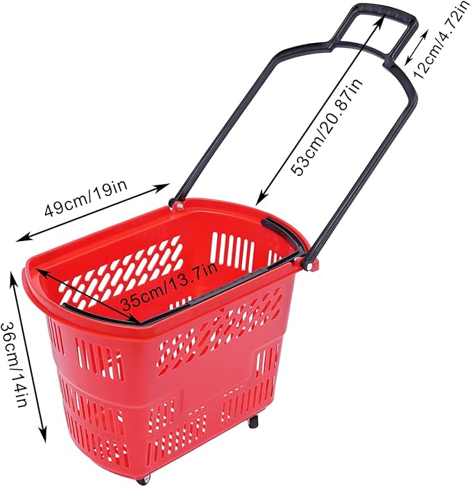 12PCS Plastic Shopping Basket with Handles & Wheels, 35L Rolling Shopping Carts, Grocery Basket with 4 Wheels and Handle, Portable Shopping Baskets for Retail Stores, Supermarkets (12PCS - Red)