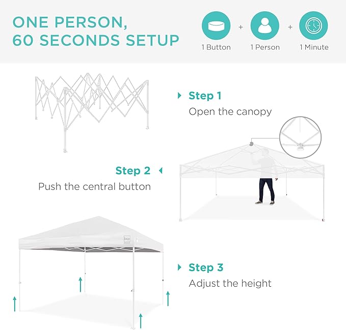 Best Choice Products 10x10ft 1-Person Setup Pop Up Canopy Tent Instant Portable Shelter w/ 1-Button Push, Case, 4 Weight Bags - White/White