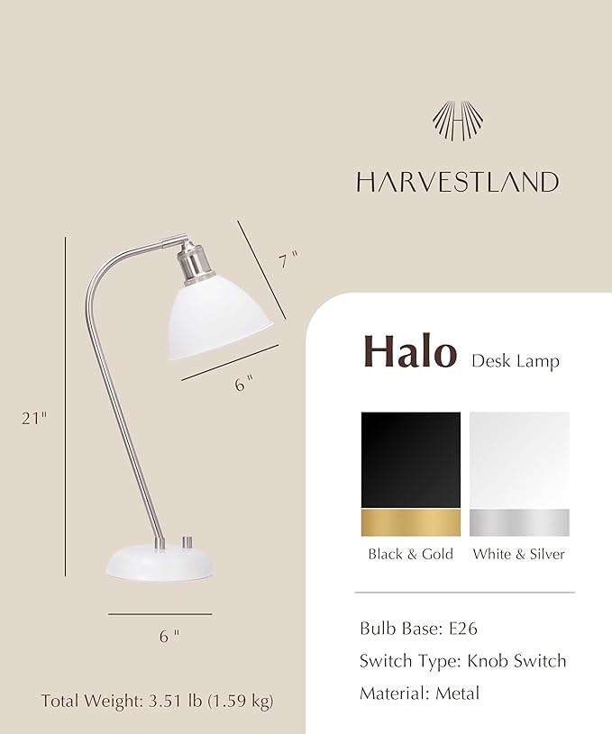 HarvestLand Halo Silver White Adjustable Desk Lamp – Reading Lamp, Pharmacy Style Metal Desk Lamp, Industrial Table Lamp with Solid Base for Bedside Table, Task Lamp Home Office, Christmas Gifts