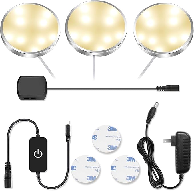 YGS-Tech LED Puck Lights, Under Cabinet Lighting Silver Trim, 3000K Warm White, CRI90+, Touch Dimming, All Accessories Included, Under Counter Lighting for Kitchen, Closet Lights, Safe Light, 3-Pack
