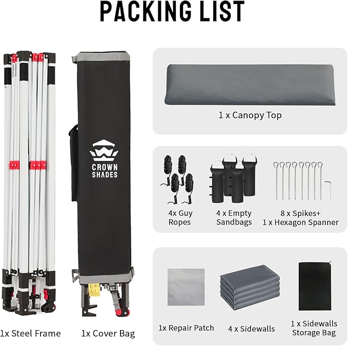 CROWN SHADES 10X10 Comercial Instant Canopy Pop Up Tent with Center Lock, 300D Fabric, 4 Sidewalls, Sto'N Go Bag, Grey