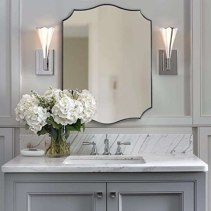 ANDY STAR Chrome Bathroom Mirror for Wall, 24x32 Inch Polished Chrome Mirror, Bathroom Mirror for Over Sink, Irregular Wall Mirror in Thin Stainless Steel Frame Deep 1’’, Wave Inspired Style
