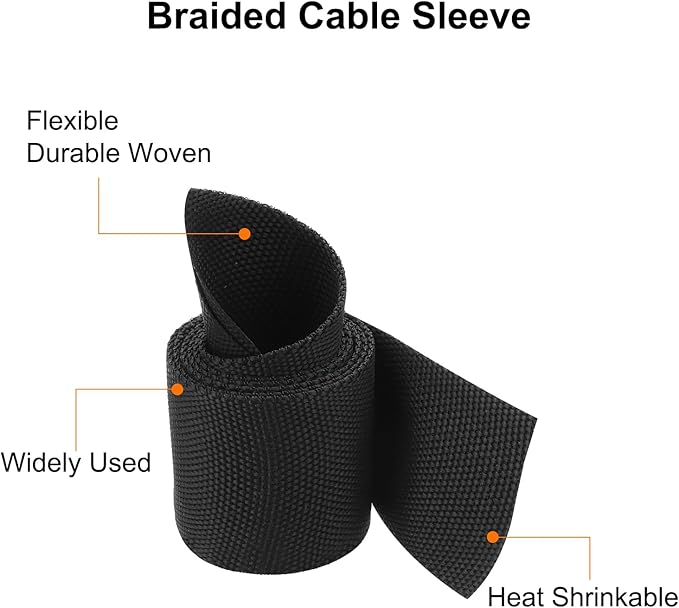 MECCANIXITY Braided Cable Sleeves Heat Shrinkable Fabric Sleeving, 1 3/8" 3ft Black 2:1 Ratio Heat Shrinkable Cord Protector for Harness Cable, Network Cable Protection, Cable Management