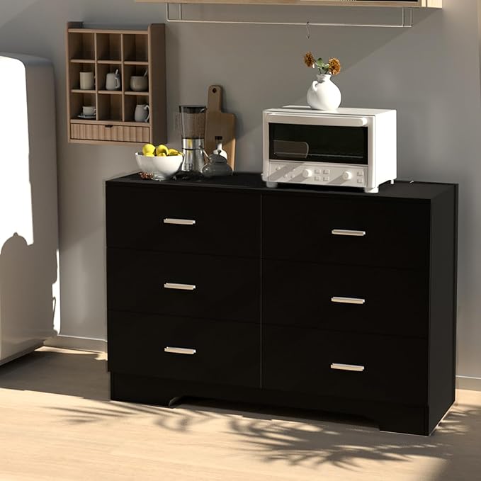 Dresser with Power Outlets Wooden 6 Drawer Dresser with USB and Type C Port Chest of Drawers for Bedroom Tall Black Organizer Storage for Living Room Hallway Closet