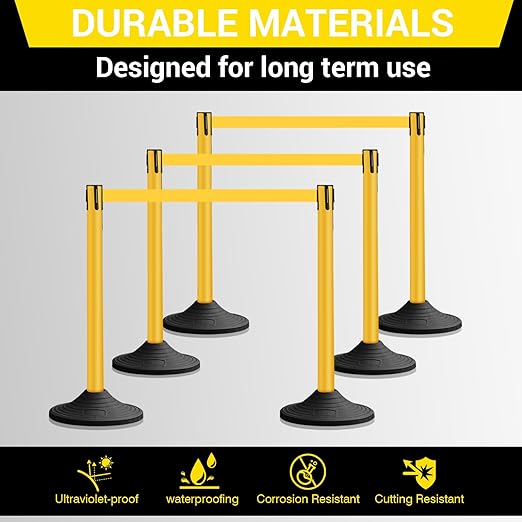 10 ft Crowd Control Stanchion Set, Crowd Control Barrier, Stanchions with Retractable Belts & Base, Retractable Stanchions, Queue Management Stanchion (6 Pole) (Yellow)