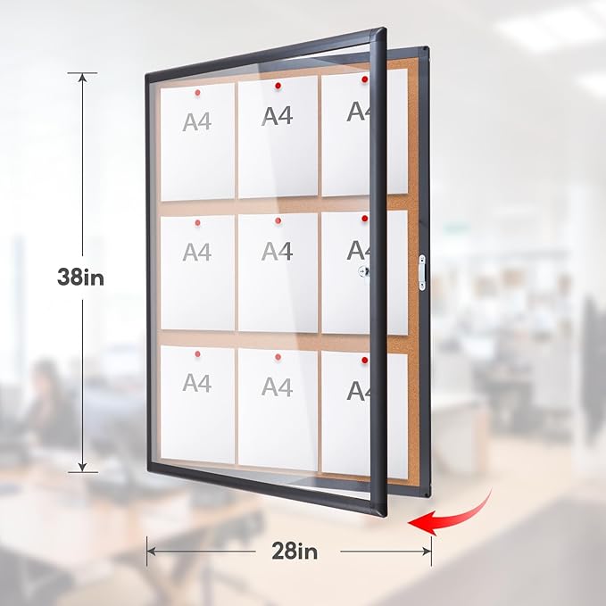 Outdoor Bulletin Board 38x28 Inch Enclosed Tamper-Proof Cork Notice Board with Rust-Resistant Aluminum Frame & Lock, Weatherproof for Hospital, Restaurant Kitchen, Office (Black Frame)