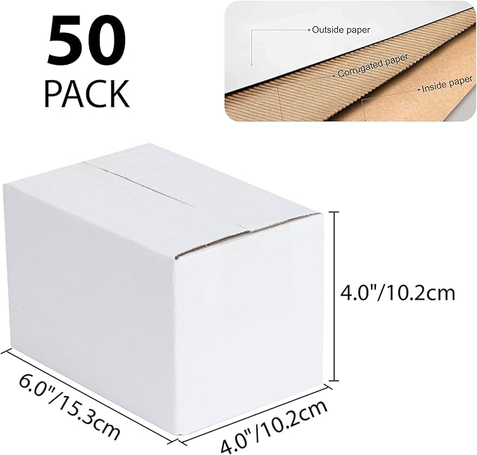 Calenzana 6x4x4 Shipping Boxes Set of 50, White Corrugated Cardboard Box for Mailing Packing Gifts Small Business