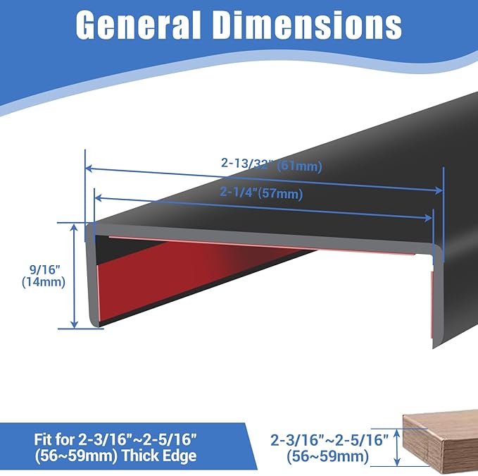 Rubber Edge Trim, Self-Adhesive U Shaped Edge Protector for Plywood, Cabinet, 2-1/4" Wood Edge Banding, Flexible Furniture Repair, EPDM Material, Fit 2-1/4"(57mm), Length 20Ft, Black