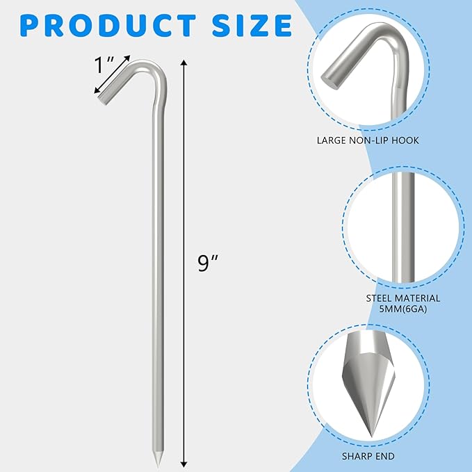 MySit 9" Tent Stakes, Metal Inflatable Stakes 30 Pack, Heavy Duty Galvanized Tent Stakes Metal, Tent Pegs Ground Trap Camping Stakes for Inflatables, Outdoor Decorations