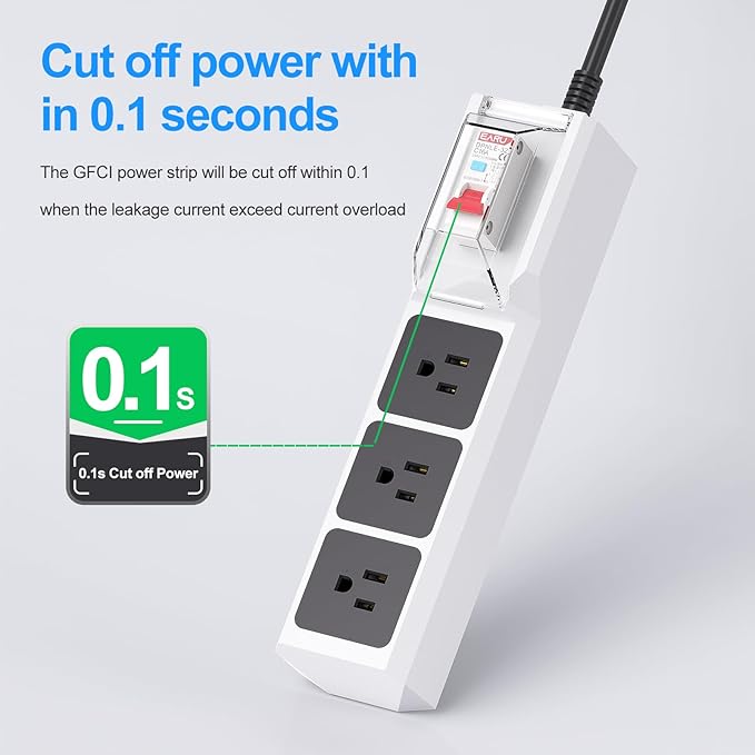 GFCI Power Strip with 10ft Heavy Duty Extension Cord, 3 Outlet (1875W/15A) with 30mA RCBO Circuit Breaker for Home, Factory Workshop, Garage, Covered Outdoor