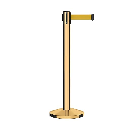 Crowd Control Warehouse CCW Series RBB-150 - Set of 2 Stanchion Retractable Belt Barriers - 16 Foot, Yellow Belt with Polished Brass Steel Post - Easy Assembly
