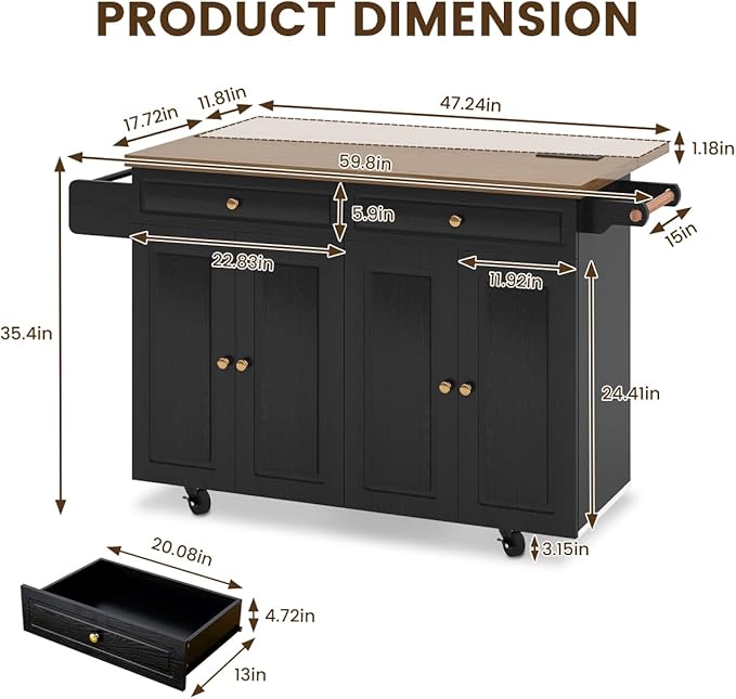 COCO DESIGN 60" Rolling Kitchen Cart with Power Strip & Drop Leaf, Thick Countertop, Large Storage Cabinet & Drawers, Mobile Island with Locking Wheels, Towel Rack and Spice Rack, Black and Walnut