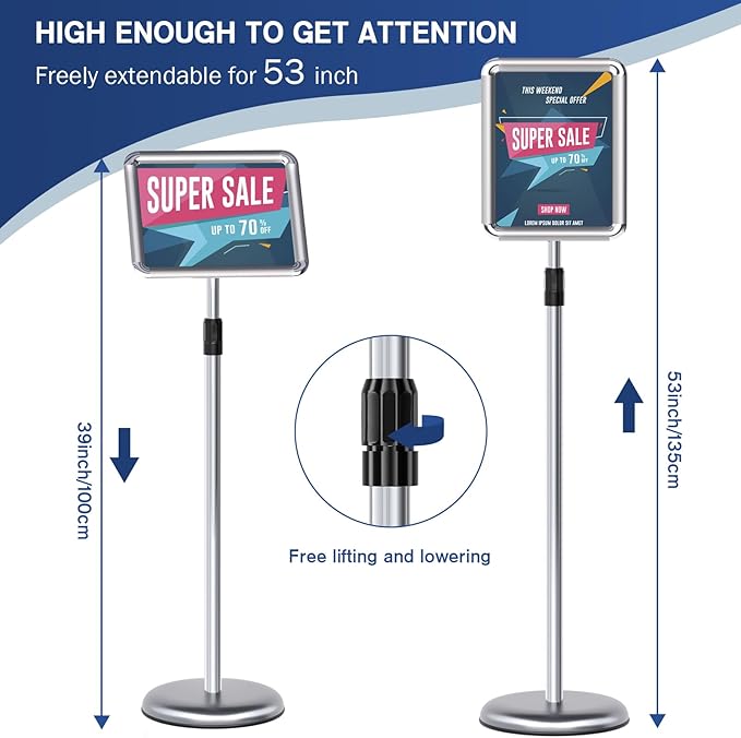 Sign Holder - 2PCS 8.5 x 11 Inch Sign Stand Vertical and Horizontal Adjustable Poster Stand, Heavy-Duty Floor Standing Sign Holder with Round Base for Malls Display, Advertisement, and Outdoor(Sliver)