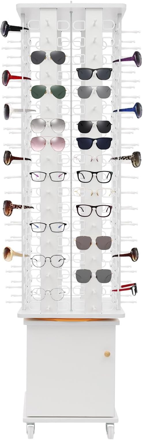 Sunglasses Display Stand, 144 Pairs Wooden 360° Rotating Sunglass Eyeglass Holder Organizer, Glasses Hanger Storage Rack for Retail Commercial Display, W14.6*H66.1in (White)