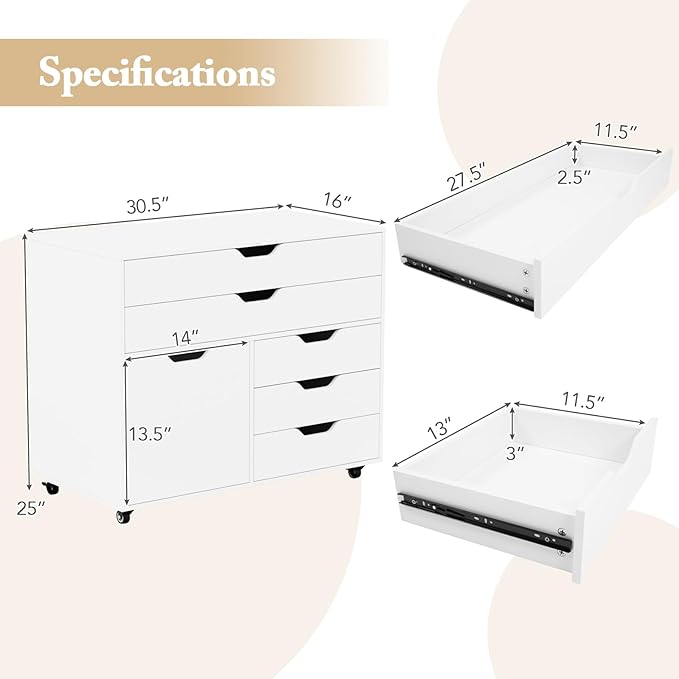 File Cabinet, White Filing Cabinet w/Universal Wheels, Wood Printer Stand w/Storage, Rolling File Cabinets for Home Office, Living Dining Room (White, 2 Large Drawers & 3 Small Drawers)