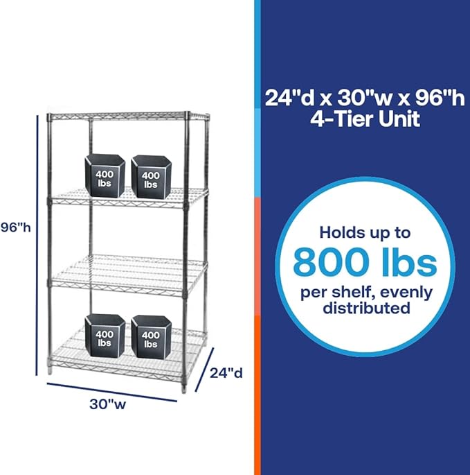 Shelving Inc. 24"d x 30"w x 96"h Chrome Wire Shelving with 4 Tier Shelves, Weight Capacity 800lbs Per Shelf