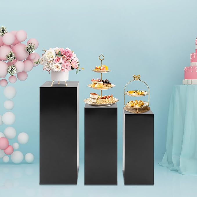 Eapmic Pedestal Stands for Party, Cake Pedestal Stand, Dessert Table Display Plinth Pillars, Sculpture Display Column Decoration Cube for Wedding Birthday (Black, Square-3Pcs(31.49"+25.59"+23.62"))