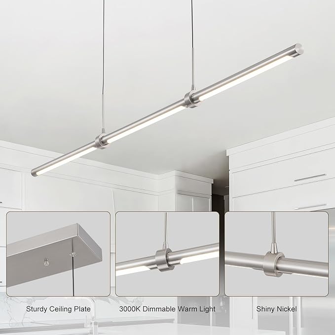 EDISLIVE Modern Linear LED Island Light Dimmable LED Chandelier 47.24 in Adjustable Linear Hanging Light Fixture 3000K 20W Pendant Light for Dinning Room Kitchen，Nickel