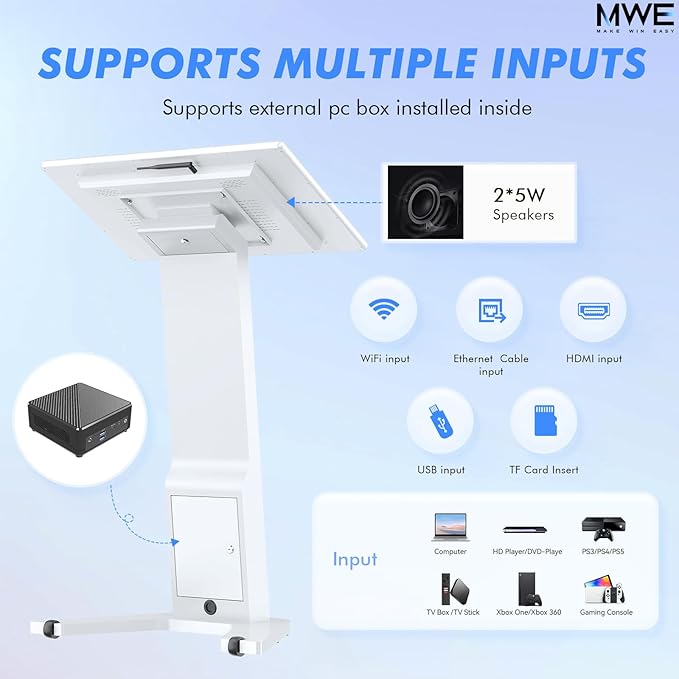 MWE 32 Inch Touch-screen Self Service Kiosk, Floor Standing Digital Signage Display, FHD Information Kiosk, 2 Speakers, Interactive Display for Mall Navigation/Self-Ordering/Advertising/Retail Store