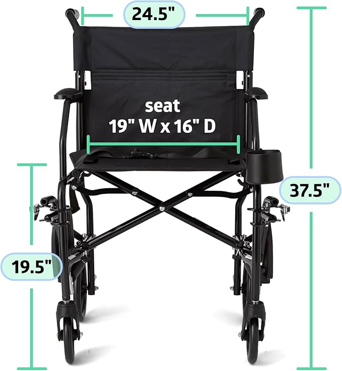 Medline Ultra Lightweight Transport Wheelchair for Adults, Foldable, 19-Inch Seat Width, Black Frame, Black Upholstery