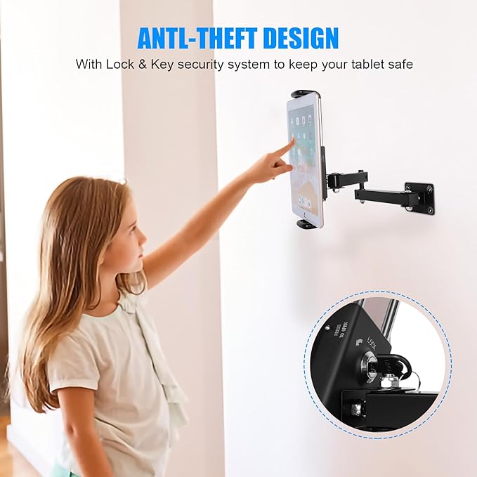 Tablet Wall Mount Bracket for 7-13 inch Tablets, Anti-Theft Adjustable Stand Holder for Exhibition Halls, Meeting Rooms, Classroom, Supermarket, etc.
