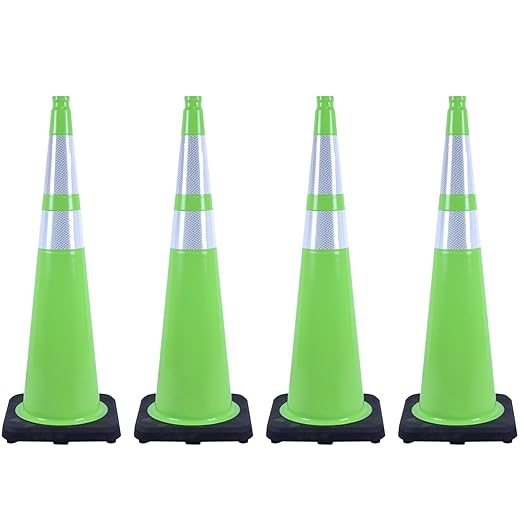 4 Pack 36 Inch Green PVC Traffic Cones Black Base Stable Large Size, Highway Traffic Outdoor Construction Safety Warning Cones (4, Green, 36 Inch)