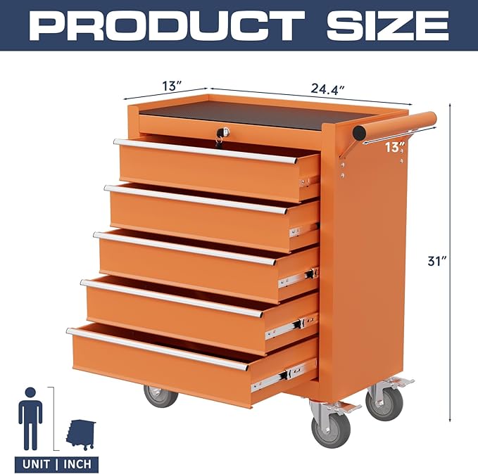 5-Drawer Tool Chest,Rolling Tool Cart with Wheels,High Capacity Tool Cabinet with Locking System for Garage, Warehouse, Workshop-Orange