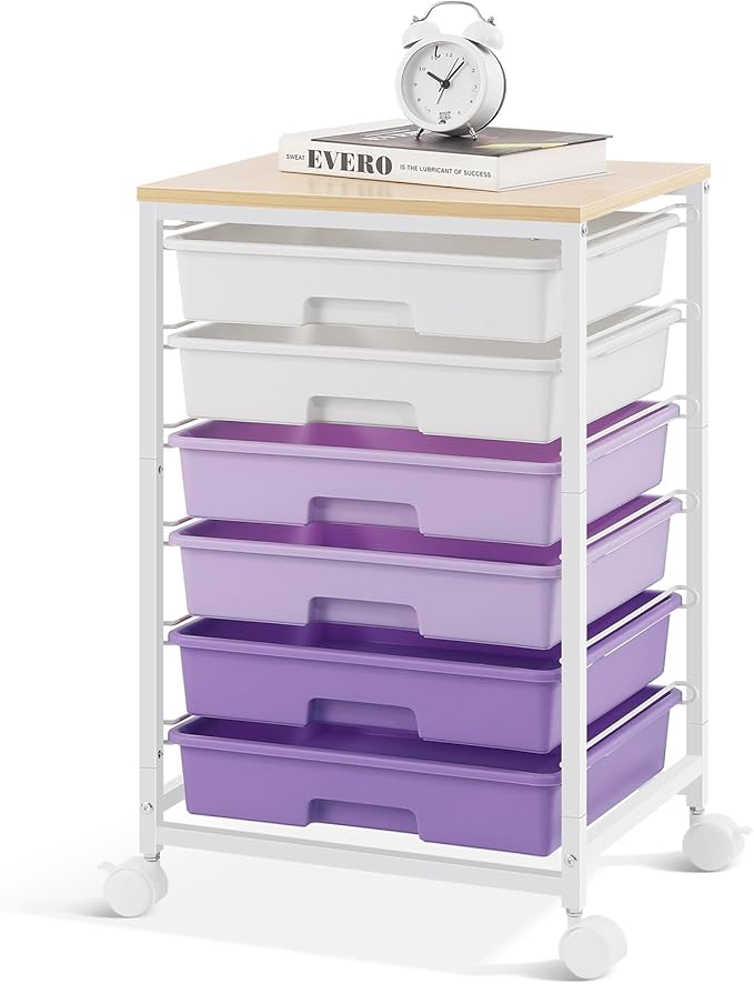 Rolling Cart with Drawers,Utility Cart with 6 Drawers,Rolling Storage Cart with Drawers and Wooden Tabletop & Lockable Wheel,Purple