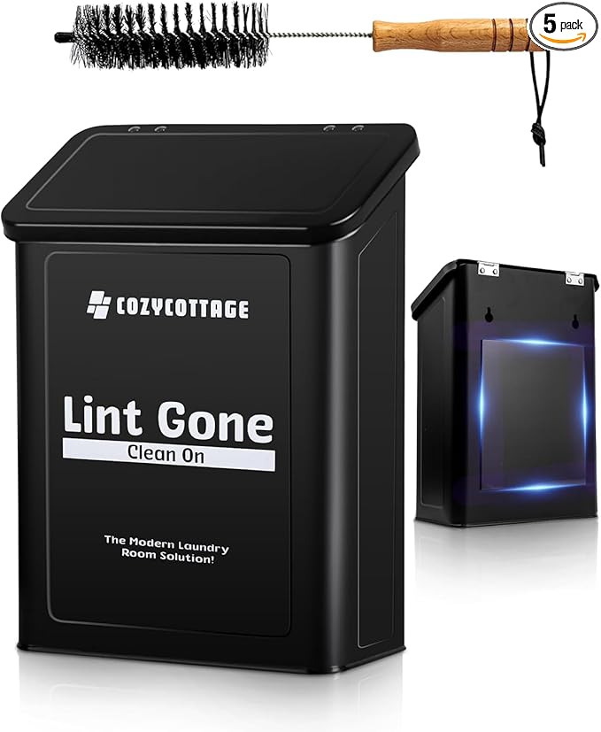 COZYCOTTAGE Magnetic Lint Bin for Laundry Room Organization and Storage With Brush & Hooks - Wall Mounted Dryer Lint Trash Can for Laundry Room Decor (Black)