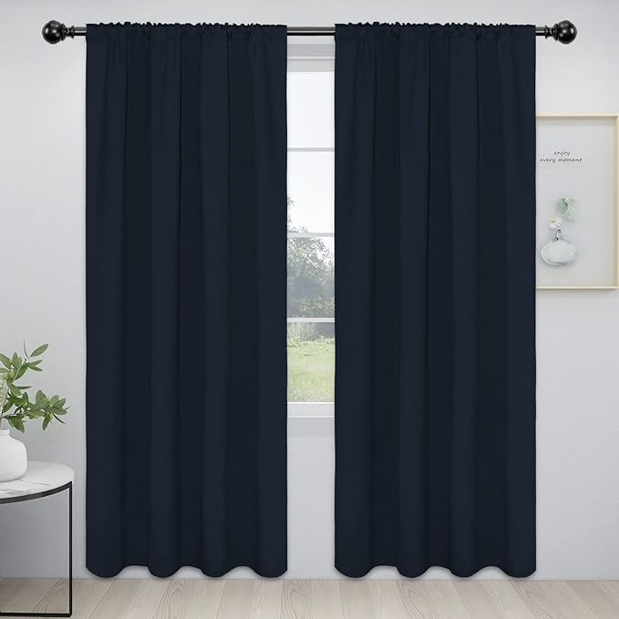 Easy-Going Rod Pocket Blackout Curtains for Bedroom, Room Darkening Window Curtains for Living Room, Thermal Insulated Noise Reduction Solid Window Drapes, 2 Panels(52x84 in, Navy)