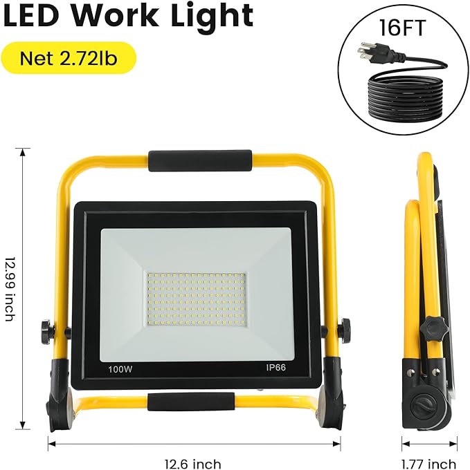 Waterproof Portable Flood Light 100W 10000 LM LED Work Light with 16.4FT Cord, Job Site Lighting for Workshop Garage Construction Site, Aluminum Outdoor/Indoor Work Lamp