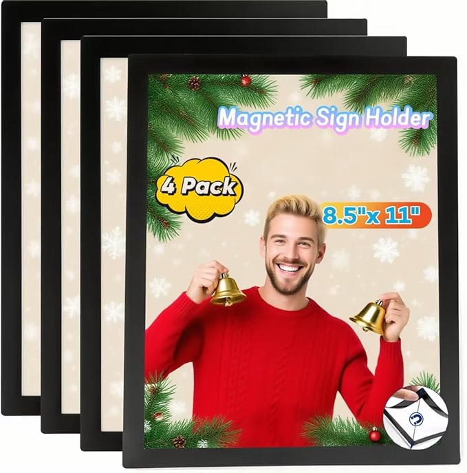 4 Pack Magnetic Sign Holder 8.5 x 11, Self-Adhesive Magnetic Display Picture Frames Mount Sign Holder, Magnet Photo Sleeves Document Holder for Fridge Wall Window Office Poster Store