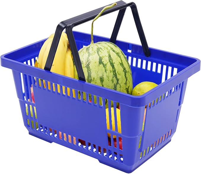 12PCS Shopping Baskets with Handles, 21L Plastic Grocery Basket for Retail Store, Supermarket, Grocery Shopping |17" x 12" x 9" Portable Shop Basket (Blue)