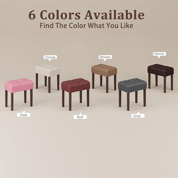 Two Leather Vanity Stool, 18.7 Inch Wide Rectangle Ottoman Bench for Makeup Room, A Set Vanity Chair with Wood Legs for Piano Room, Bedroom,Living Room with Customizable (Cream)