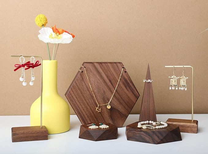 GemeShou 2pcs Wooden Jewelry display tray, Hexagon jewelry display riser, Jewelry retail shop photography props【Walnut Hexagon tray-2pcs】