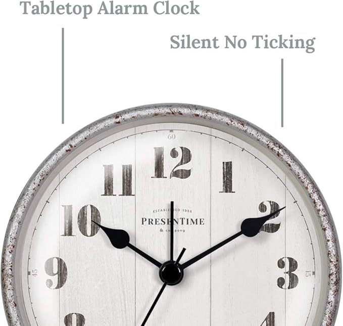 Presentime & Co 4" Farmhouse Tabletop Alarm Mantel Clock, Desk and Shelf Clock, Silent no Ticking, Light Grey Oak and Rusted Galvanized Finish. Tabletop Décor, Home Décor, Farmhouse Décor