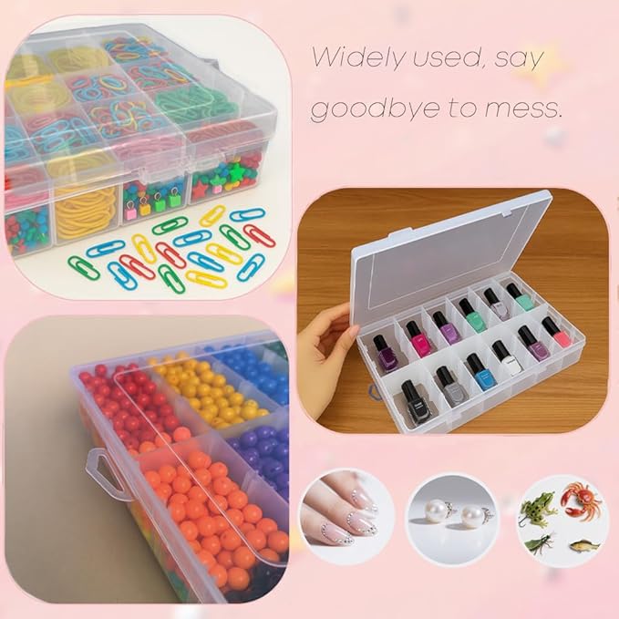 3pcs Clear Storage Small Parts Organizer Box Storage Bin With Dividers Multi Compartment for Beads Art DIY Tackle Box Organizer (24compartments)