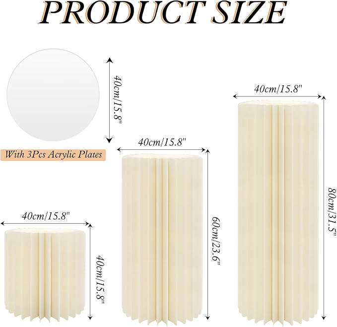 magalo Cylinder Stands for Party 3PCS Foldable Cardboard Columns Round Display Pedestal Stand Cylinder Tables for Wedding Birthday Baby Shower Dessert Cake Decoration-Cream White