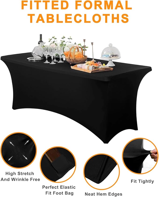 Spandex Table Cover 2 Pack 6FT Black Fitted Tablecloths,Washable Wrinkle Resistant Stretch Table Cloth Rectangle for Vendor Booth Display Items,Party Supplies for Adults,Wedding Decorations,Banquet