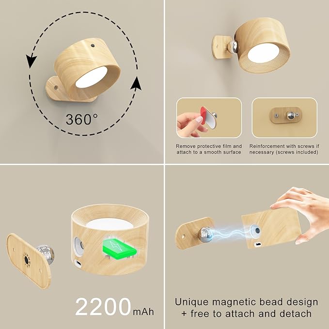 3Pack Battery Operated Wall Sconce, 3 Color Modes 3 Brightness Levels 360°Rotation Lighting Timer Touch & Remote Control, Wall Mounted Lamp LED Wall Lights for Bedroom Reading Bedside (Wood)
