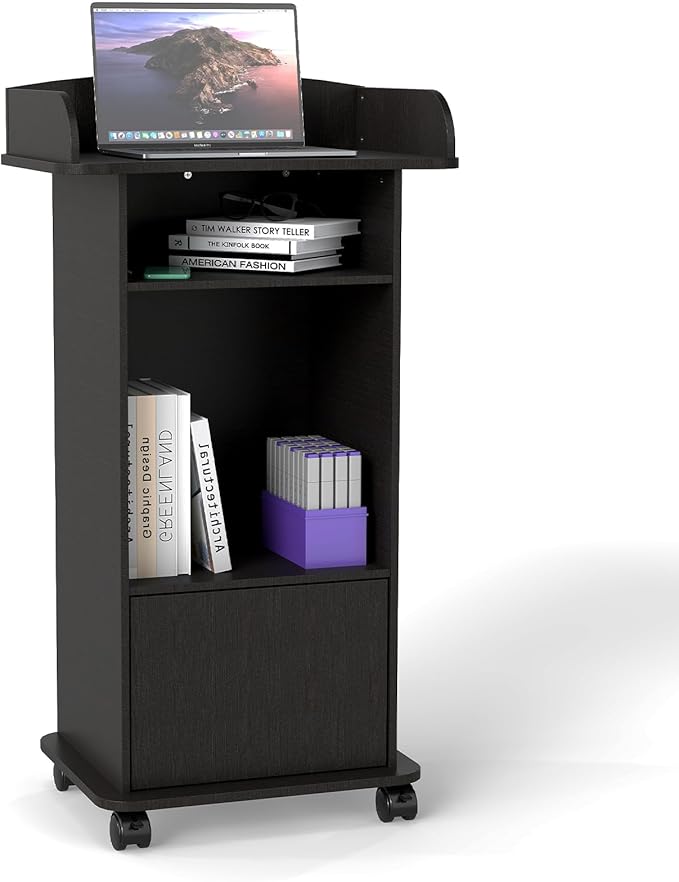 Podium Stand Portable,Mobile Wood Pulpit Podium Hostess Stand Reception Desk with Adjustable Shelf and Lockable Wheels for Churches Conference School