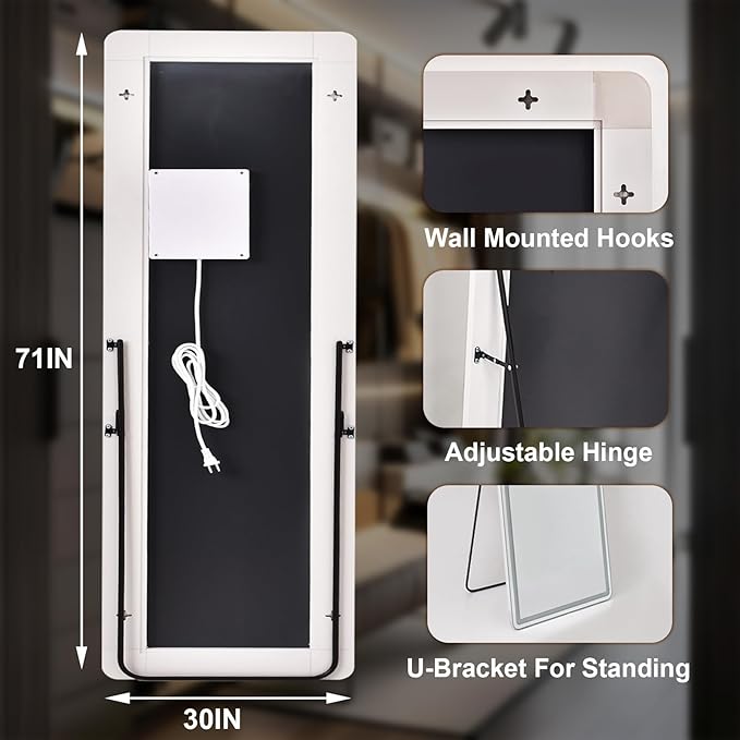 LED Rectangular Corner White Full Length Mirror - 30“ x 71” Brightness Adjustable, Touch Screen Control, Wall Mounted or Freestanding, for Bedroom Living Room Cloakroom Dressing Mirror