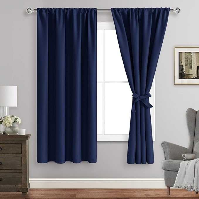 JIUZHEN Blackout Curtains for Bedroom - Thermal Insulated Room Darkening Rod Pocket Curtains for Living Room, Set of 2 Panels with Tiebacks, 38 x 63 Inch Length, Navy Blue