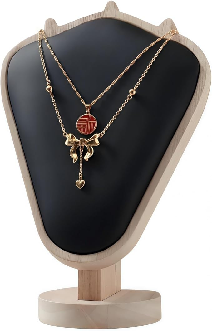 Natural Body Wood Necklace Display Stand with Black Leather Soft Mat Necklace Holder Organizer Desktop Stand for Home Store Dresser-4.45"x8.4"x12"