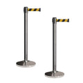 Crowd Control Warehouse CCW Set of 2 Retractable Belt Barriers Stanchion, Polished Stainless Steel Post, RBB-100 (9 Foot Belt, Black and Yellow Diagonal Belt)