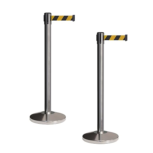 CCW Set of 2 Retractable Belt Barriers Stanchion, Polished Stainless Steel Post, RBB-100 (11 Foot Belt, Black and Yellow Diagonal Belt)